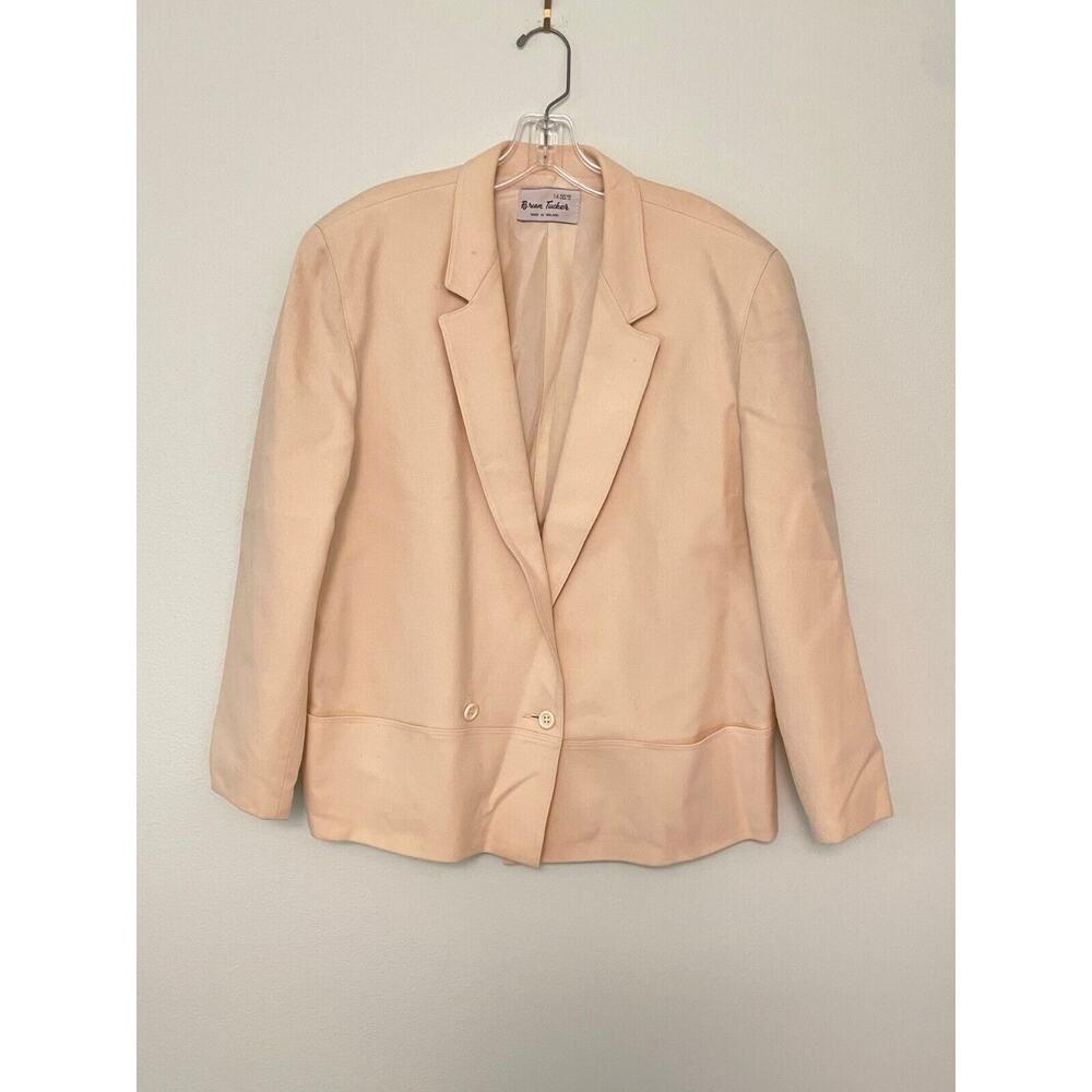Vintage Brian Tucker Women Blazer Size 12 Cream Wool Double Breasted Preppy FLAW